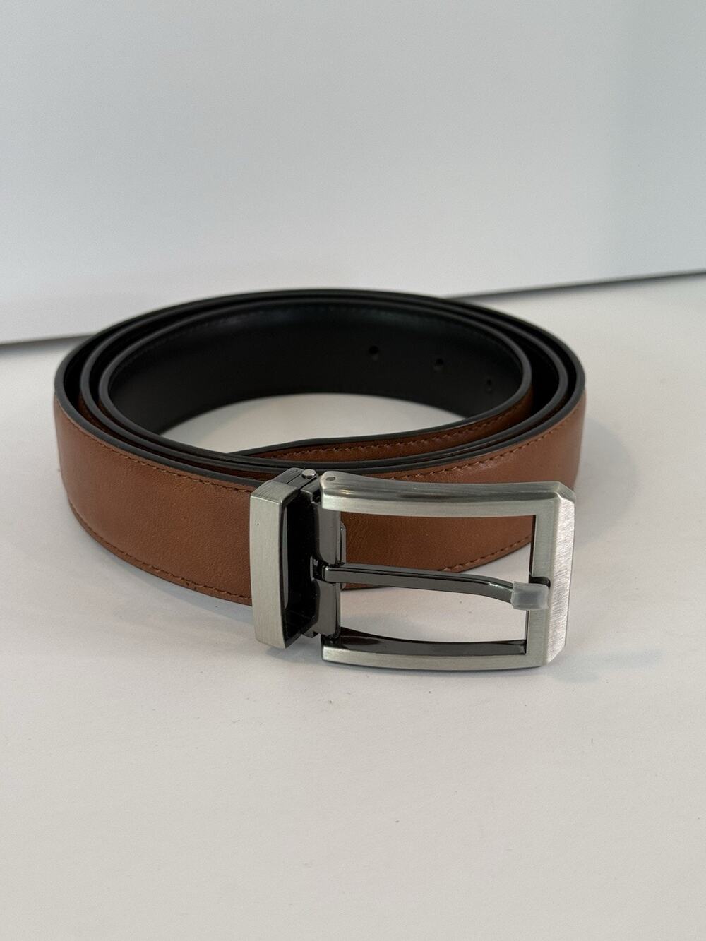 Men’s Reversible Brown Black Leather Belt Silver Gunmetal Buckle 46